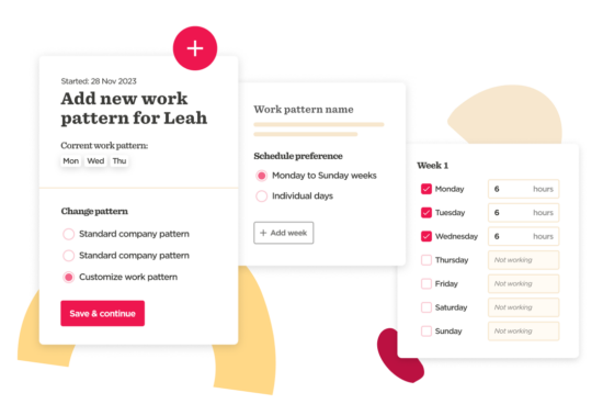 work pattern management interface for Leah, showing schedule preferences and work hours for the week, customizable work schedule options, user-friendly layout