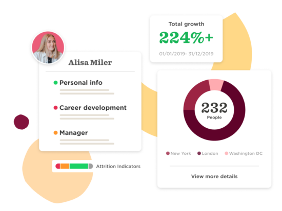 Alisa Miller profile with growth data, career development indicators, and employee distribution by city. 224% growth, Employee statistics with attrition indicators, infographic style presentation, and vibrant design elements.