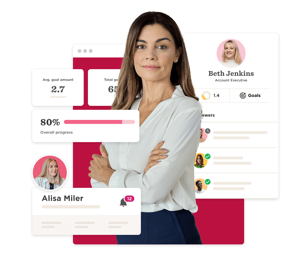 business woman with data dashboard showcasing goals, progress, and colleague profiles, female professional in modern work environment