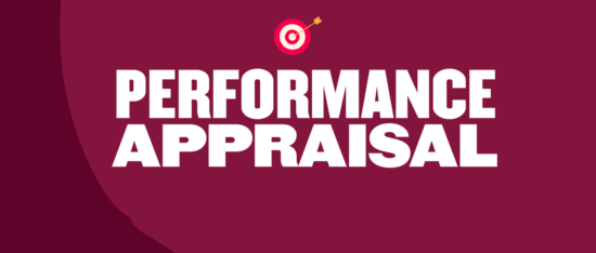 PERFORMANCE APPRAISAL graphic with target icon on deep red background, emphasizing employee evaluation and feedback, performance review, employee assessment