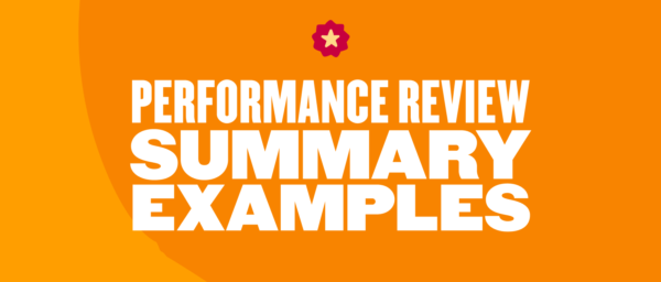 Wide orange banner with large white text “Performance Review Summary Examples” centered across the image.