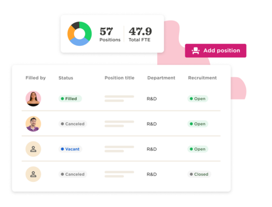 57 positions data overview with status indicators for recruitment in R&D department, add position button visible. Filled, Vacant