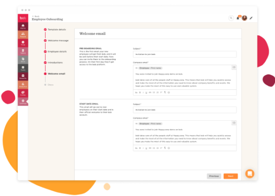 employee onboarding email template, welcome message details and subject fields for pre-boarding and start date communications