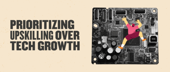 circuit board with climbing figure and text prioritizing upskilling over tech growth, upskilling illustration on electronics background