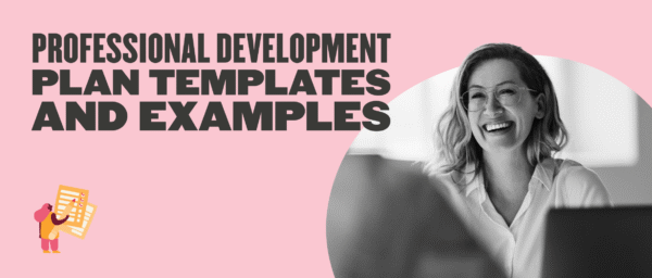 professional development plan templates' graphic featuring a cheerful woman with glasses and colorful cartoon elements, accessible design for professional development resources
