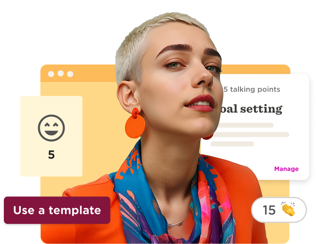 confident woman in colorful attire with orange earrings, vibrant scarf, and digital interface on goal setting, professional portrait with tech elements