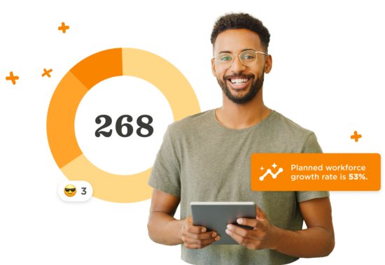 smiling man holding tablet with stats on workforce growth and circular progress chart, modern digital design, workforce growth statistics and progress chart