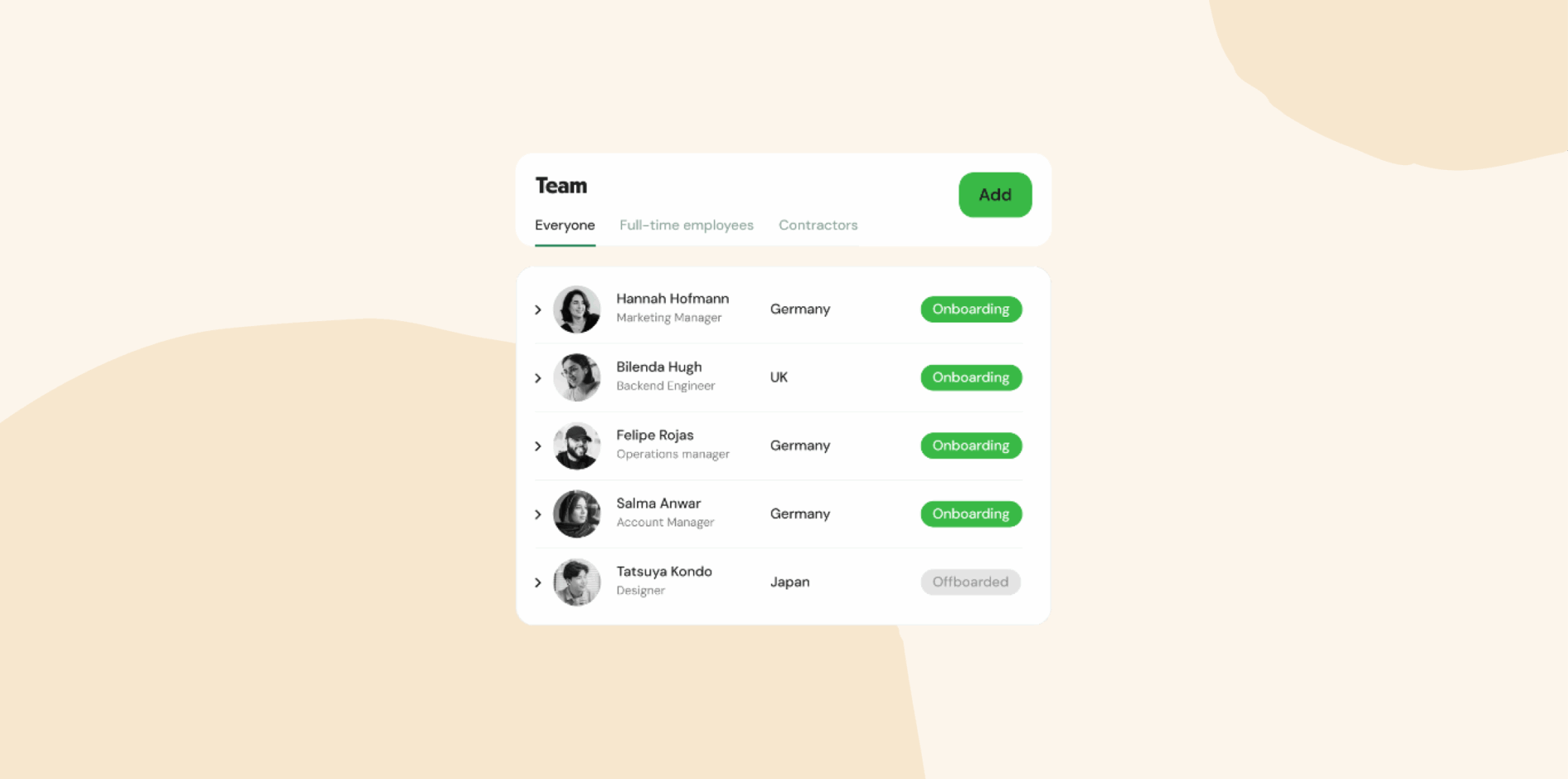 team management interface, employee onboarding details