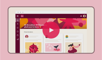application interface, colorful background with a play button and welcome message