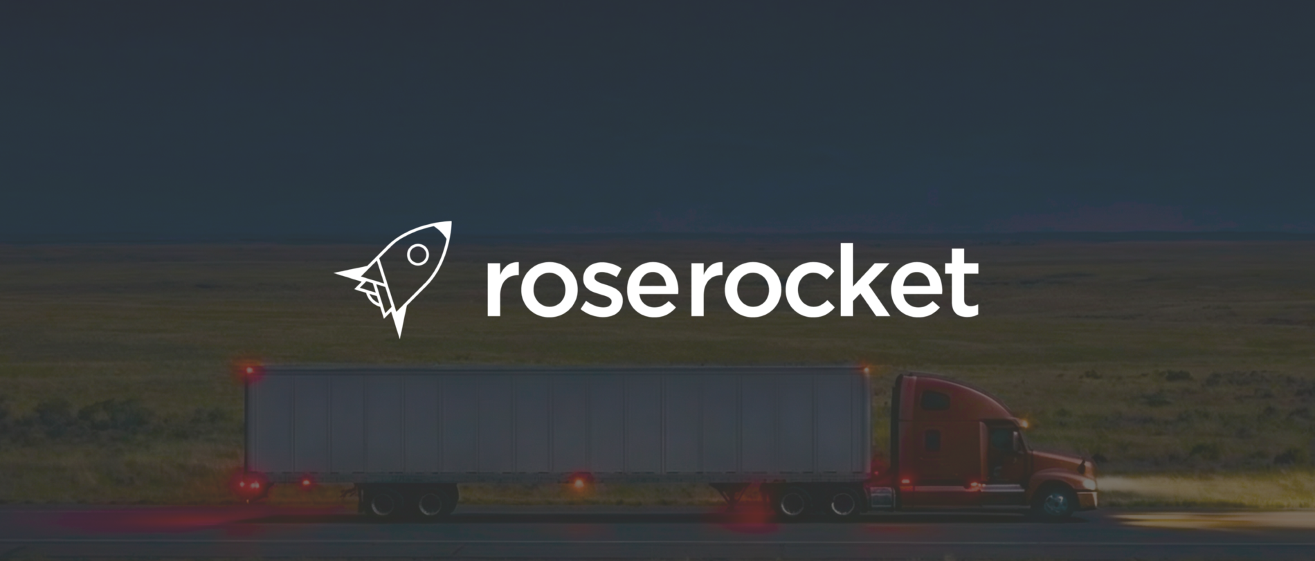 rose rocket logo with a truck in a scenic landscape at dusk, nighttime trucking scene with logo highlighting logistics solutions