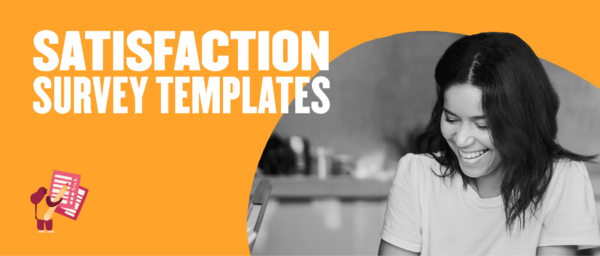 satisfaction survey templates, smiling woman in white shirt on orange background with survey graphic elements