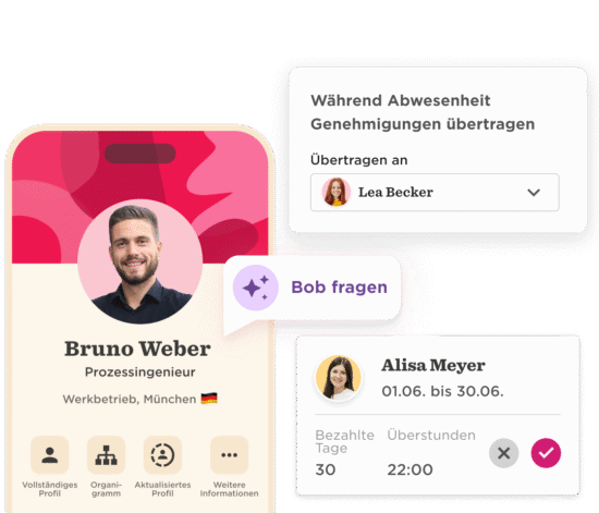 Bruno Weber's profile with options for leave approvals and details about Alisa Meyer's paid days and overtime. bruno_weber, alisa_meyer