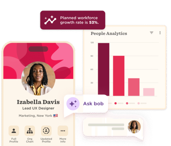 Izabella Davis, Lead UX Designer profile with analytics data highlights and a chat feature interface. , UXDesign, PeopleAnalytics