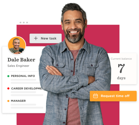 professional man smiling with crossed arms, user interface elements with personal info and balance of 7 days, sales engineer profile with task management features and request time off option