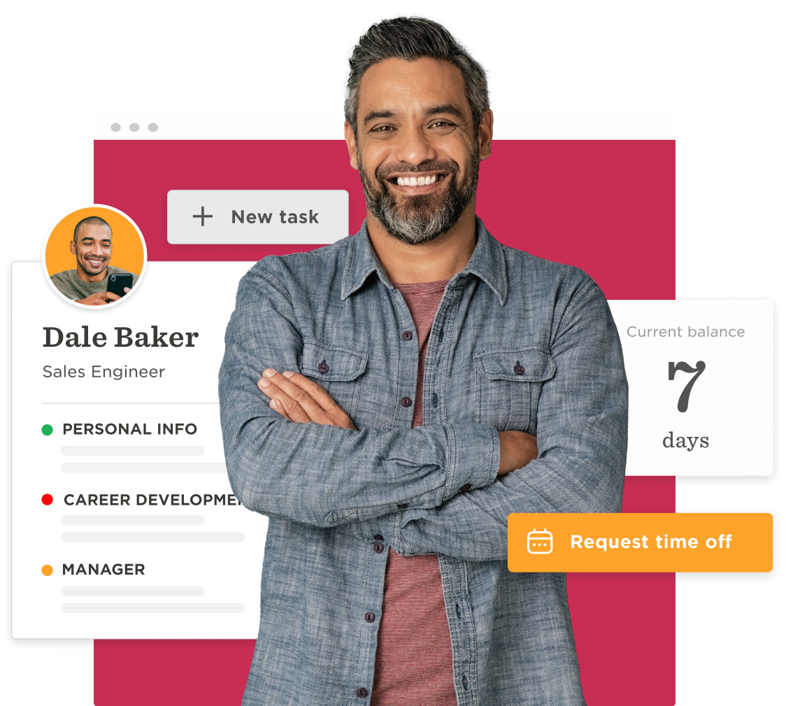 professional man smiling with crossed arms, user interface elements with personal info and balance of 7 days, sales engineer profile with task management features and request time off option