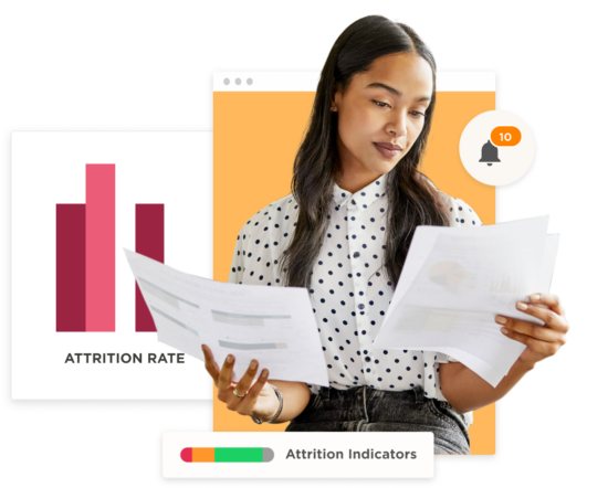 woman reviewing reports on attrition rate over bar graphs, workspace with attrition indicators and notification alert