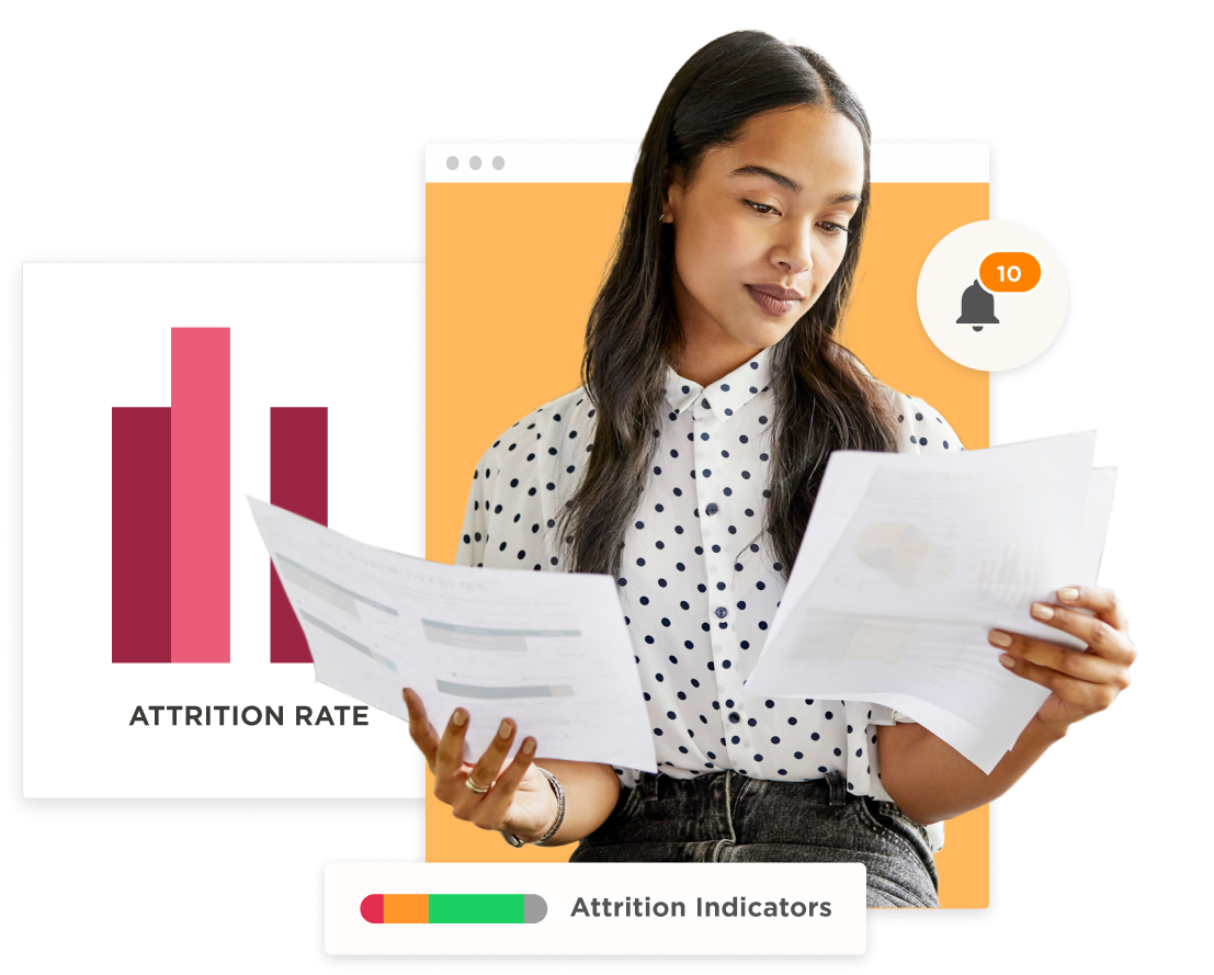 woman reviewing reports on attrition rate over bar graphs, workspace with attrition indicators and notification alert