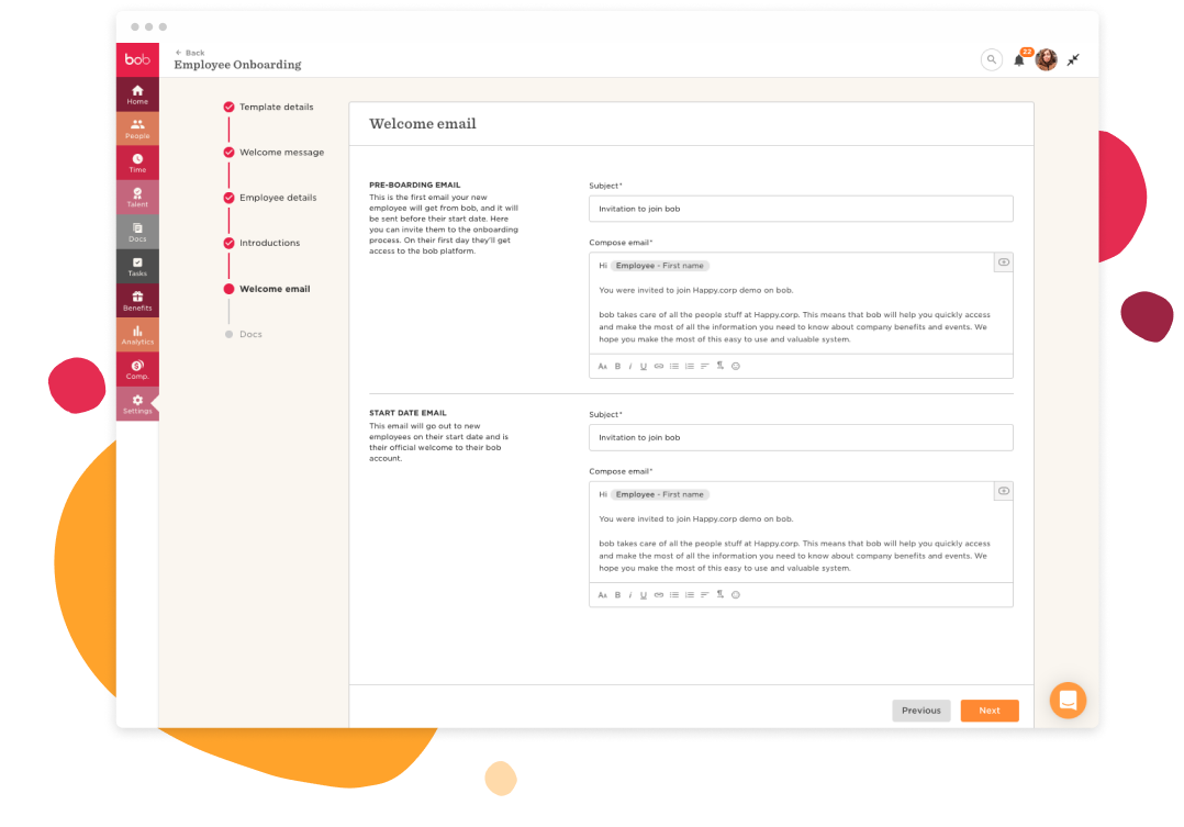 welcome email interface for employee onboarding, featuring pre-boarding and start date email templates, employee onboarding software design