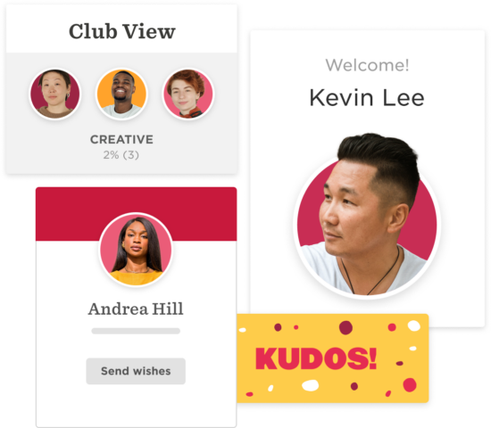 club view creative profiles, welcome message for Kevin Lee with Andrea Hill's profile and "KUDOS!" card