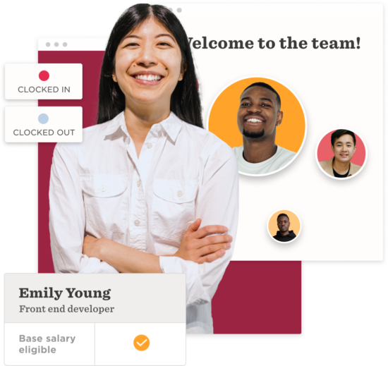 welcome to the team sign, female employee smiling with team photos and status indicators, showcasing collaboration