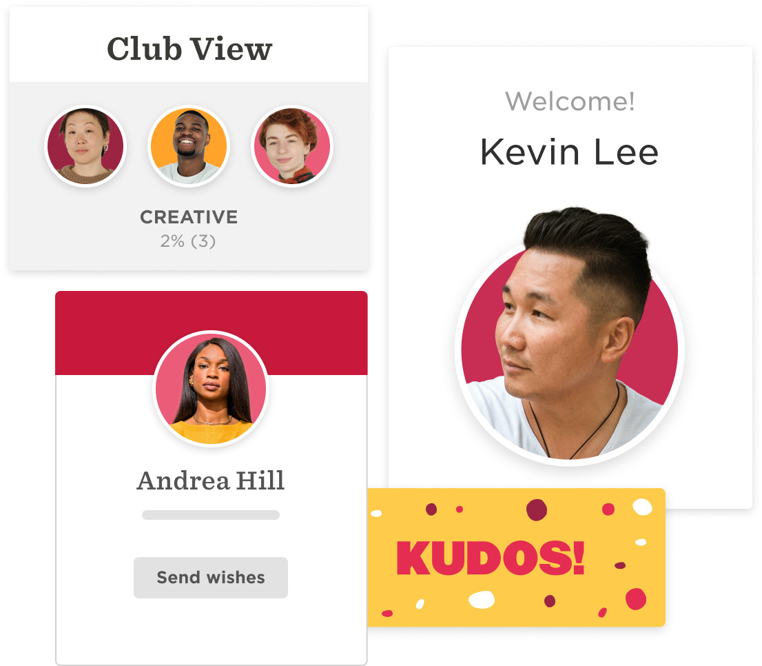 club view creative profiles, welcome message for Kevin Lee with Andrea Hill's profile and "KUDOS!" card