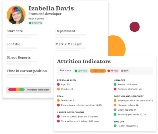 Izabella Davis profile with attrition indicators, risk status, personal info, team details, and career development metrics., employee profile, attrition risk indicators
