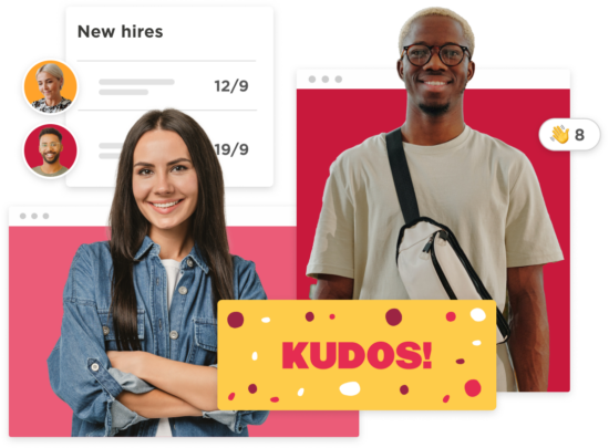 diverse new hires celebrating success with a "KUDOS!" banner, featuring a smiling woman and a man holding a bag, new hires progress displayed in the background