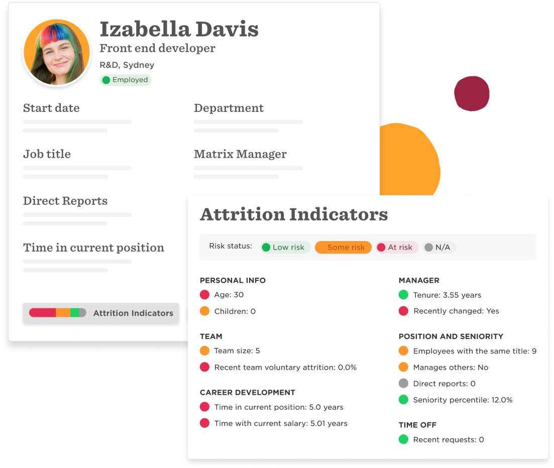 Izabella Davis profile with attrition indicators, risk status, personal info, team details, and career development metrics., employee profile, attrition risk indicators