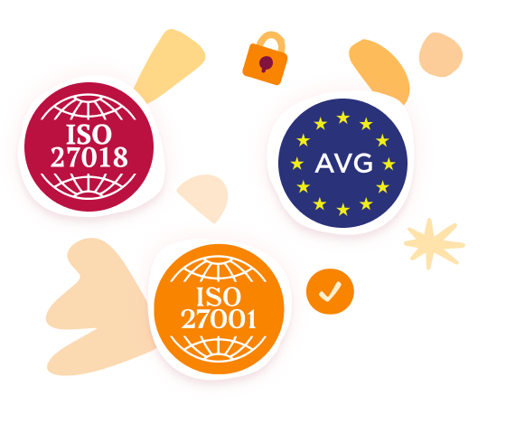 ISO 27001 and ISO 27018 badges alongside AVG logo, colorful security-themed design. Represents data protection standards. ISO 27018, AVG