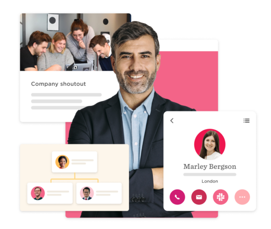 business professional smiling, collaborative team meeting and company organizational chart