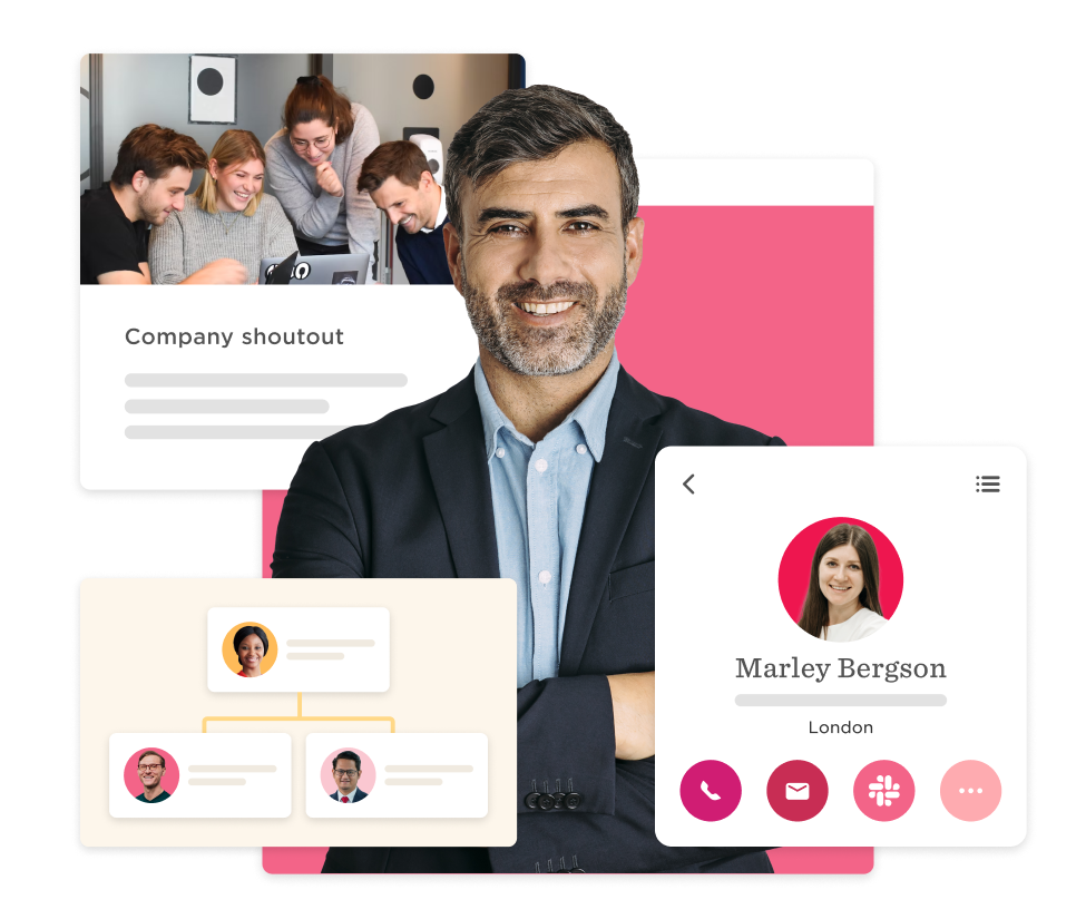 business professional smiling, collaborative team meeting and company organizational chart