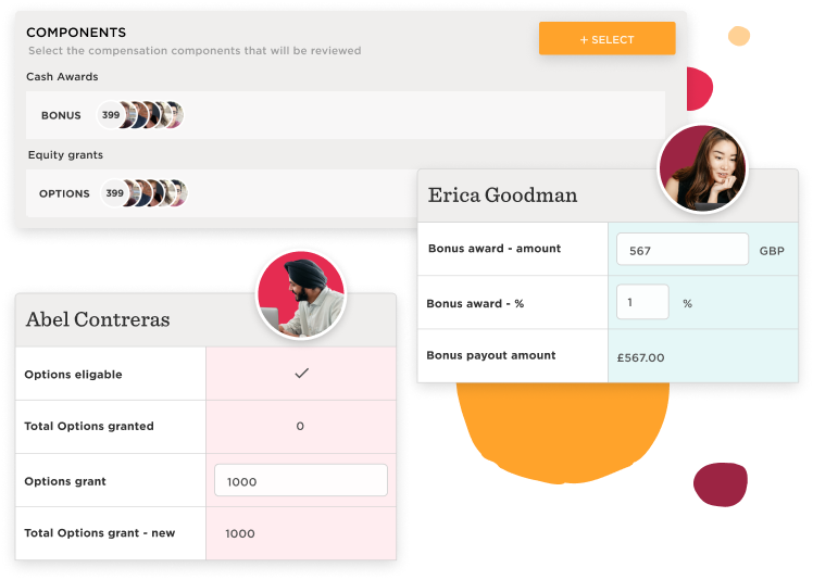 compensation breakdown with cash awards and equity grants; user stats for Erica Goodman and Abel Contreras, salary structure with bonus amount and options grant details
