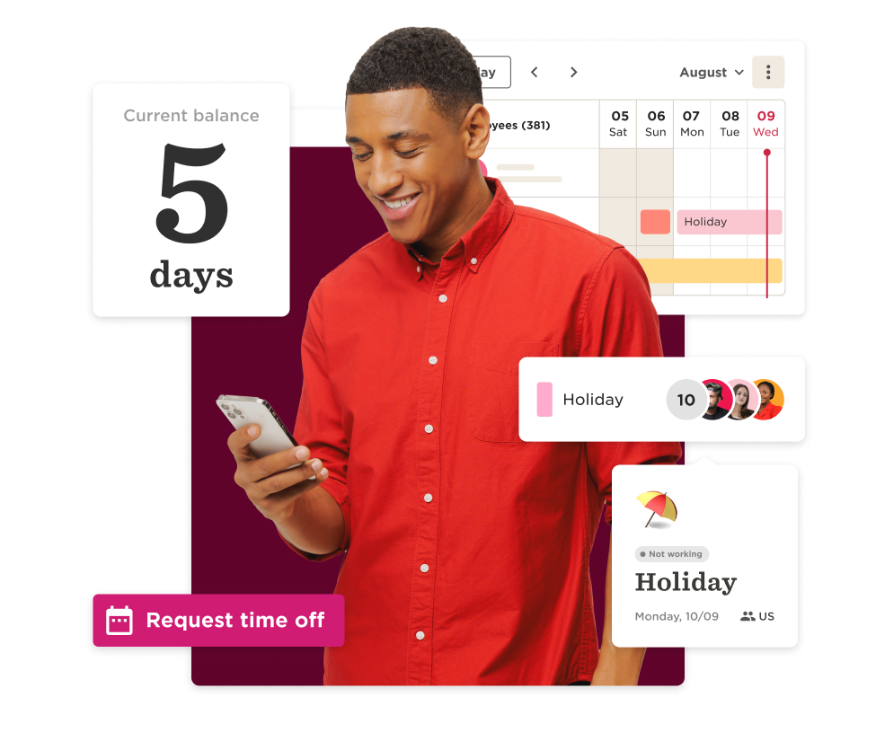 current balance of 5 days holiday; man in red shirt using smartphone with request time off graphic, calendar showing holiday date