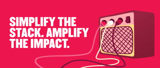 amplifier with colorful cables on a vibrant pink background, bold text promoting simplification for greater impact, vibrant graphic design, audio equipment focus, catchy slogan