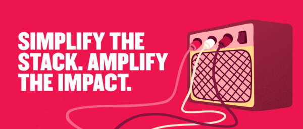 amplifier with colorful cables on a vibrant pink background, bold text promoting simplification for greater impact, vibrant graphic design, audio equipment focus, catchy slogan
