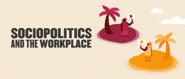 sociopolitics in workplace illustration with two figures holding signs on colorful islands with palm trees, workplace communication themes