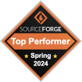 SourceForge Top Performer badge, Spring 2024, featuring an orange diamond shape with a flame icon, Award recognition for top software performance 2024