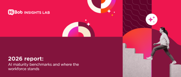 2026 report cover featuring bold colors with a person climbing steps representing AI advancements, HiBob Insights Lab logo and vibrant graphics