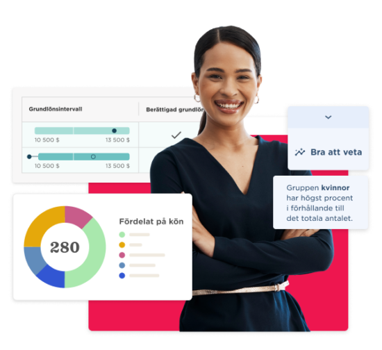 data visualization, professional woman smiling with graphs and charts illustrating salary data and gender distribution statistics