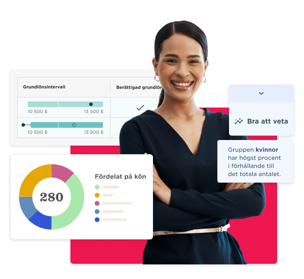 data visualization, professional woman smiling with graphs and charts illustrating salary data and gender distribution statistics