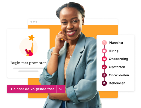 vrouw met een glimlach en een blazer, presentatie van stappen in een proces voor promotie en onboarding, promotie en onboarding proces visualisatie