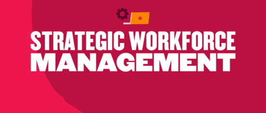 strategic workforce management, bold typography on a vibrant red background with icons representing productivity and planning