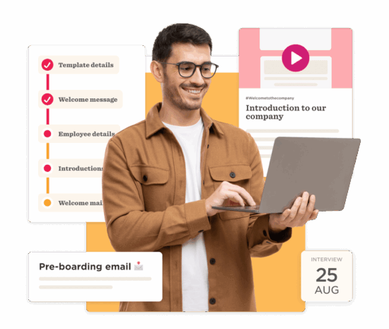 employee onboarding, laptop interface with pre-boarding details and a video introduction to the company