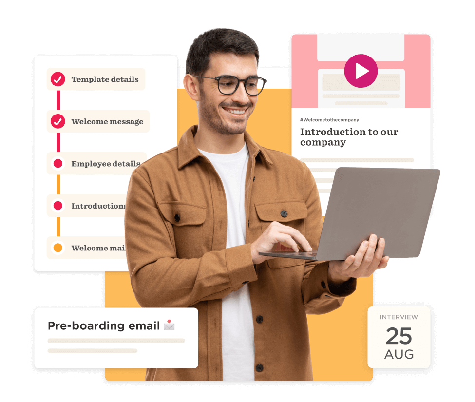 employee onboarding, laptop interface with pre-boarding details and a video introduction to the company