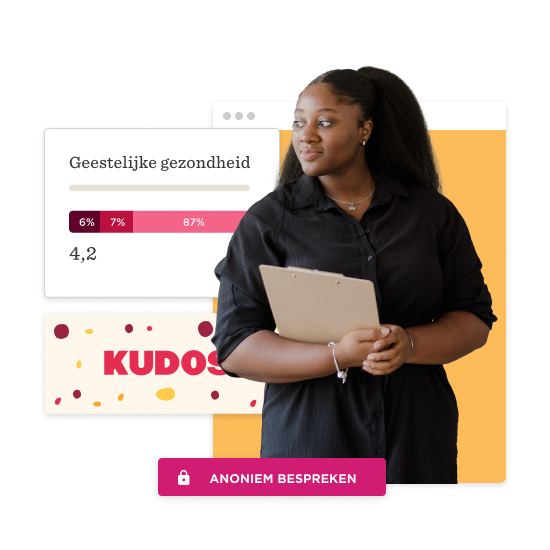 geestelijke gezondheidgrafiek, vrouw met een clipboard tegen een kleurrijke achtergrond