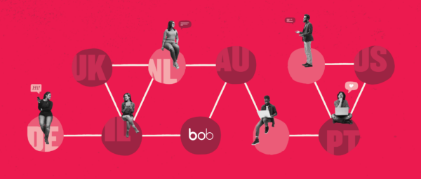 diverse individuals communicating across global connections on a bright pink background with location markers, networking figures interacting with speech bubbles representing various countries