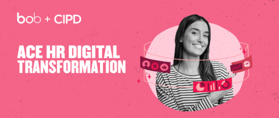bob+CIPD, ACE+HR+Digital+Transformation+visual+with+a+smiling+woman+stripes+on+pink+background+and+digital+icons