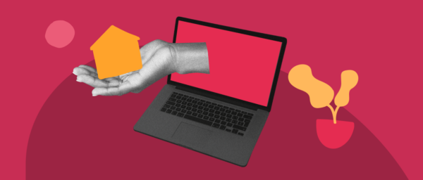 hand emerging from laptop holding a yellow house on a red background with a plant nearby, digital home concept with technology