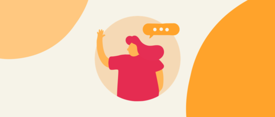 person with outstretched hand in pink shirt, speech bubble above, colorful abstract background, illustration of communication and engagement