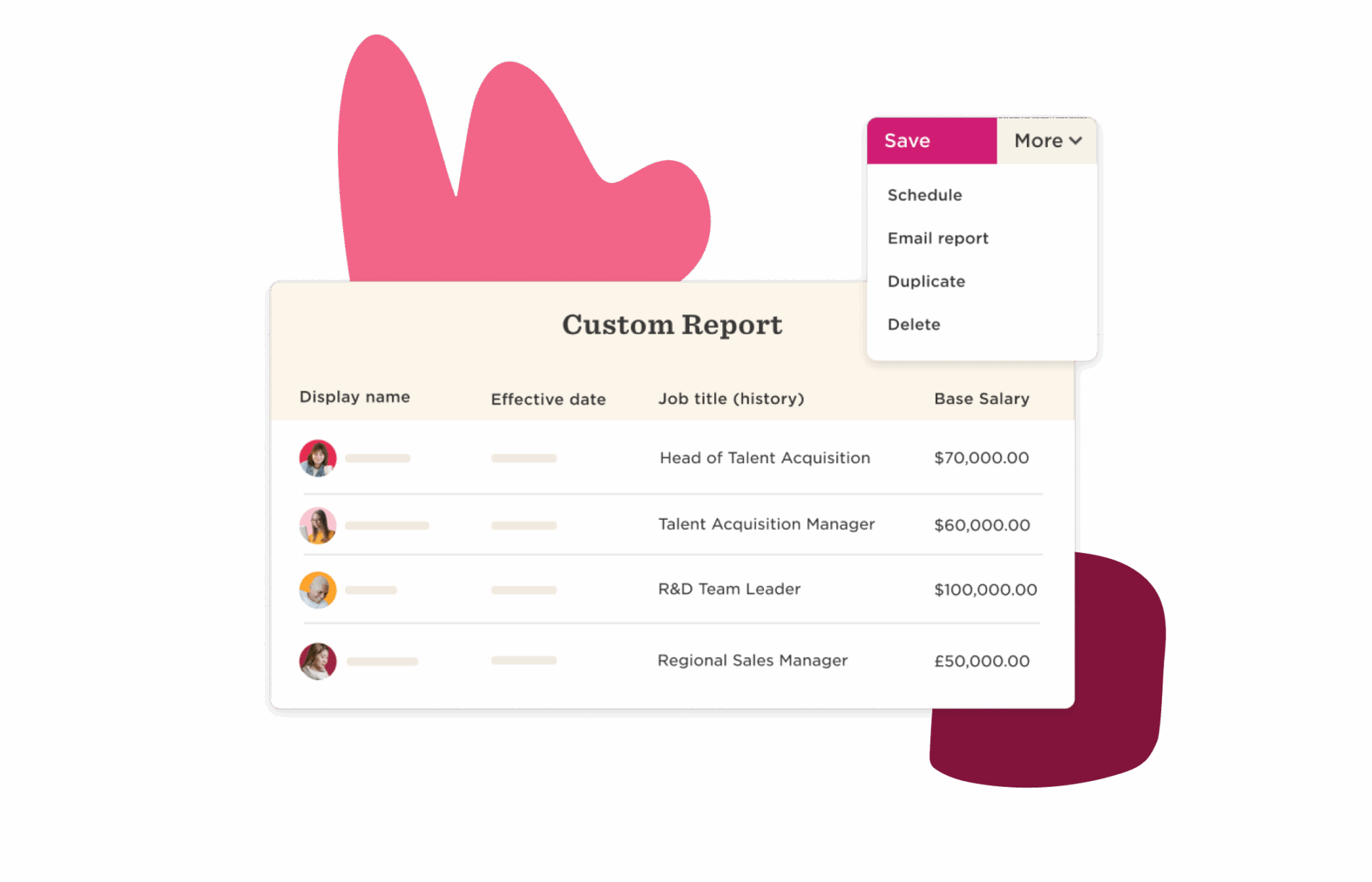 custom report table with job titles and salaries, dropdown menu for options like save and delete, employee data, HR management tool interface